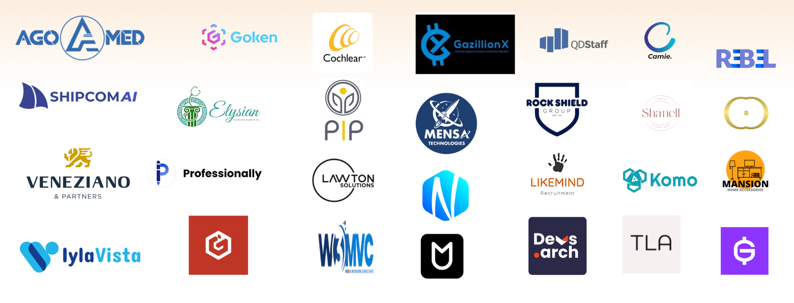 Collection of previous client and brand logos including QDStaff, Devsarch, Narsun-related brands, recruitment, technology and consulting companies