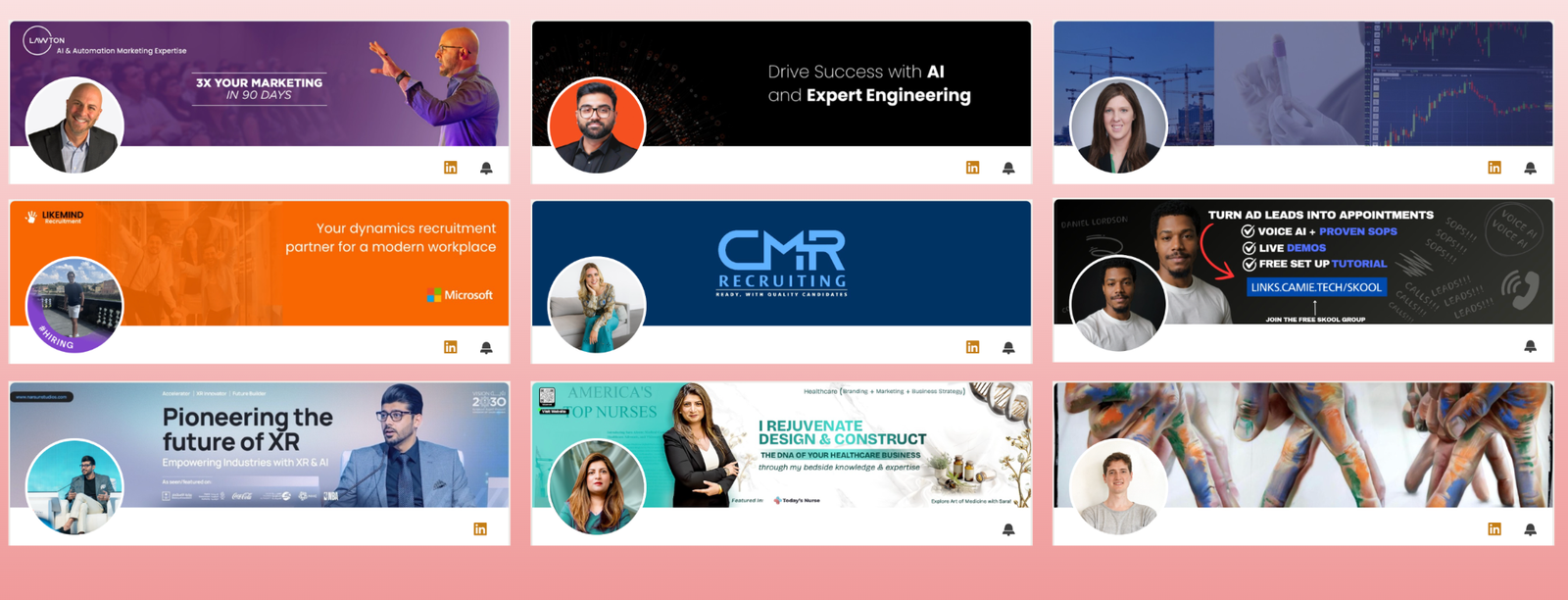 Nine LinkedIn profile banner and personal branding examples from previous projects