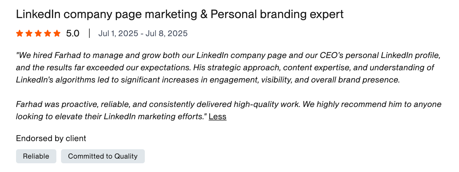 Original Upwork client review screenshot